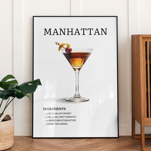 Martini Wall Art Manhattan Cocktail Poster Digitaler Download Druckbare Cocktail Wandkunst für Bar Warenkorb Dekor oder Hausbar Geschenk für Freund