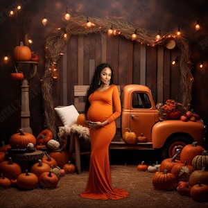 Fall Maternity Digital Backdrop With Pumpkin Truck Halloween Background For Photography Editing Newborn Baby Instant Download Photo Prop