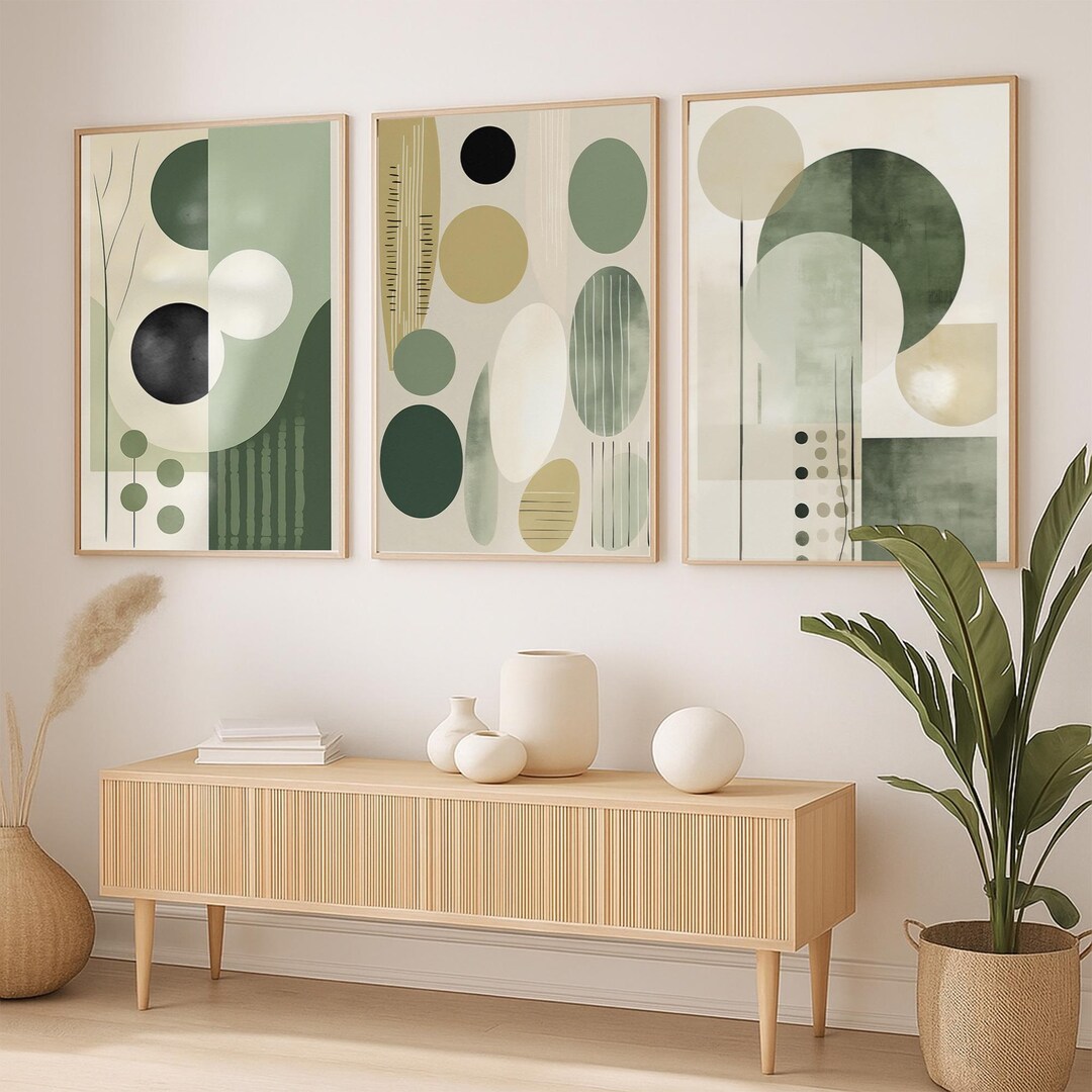 Sage Green Boho Wall Art Set of 3 Abstract Mid Century Modern Geometric ...