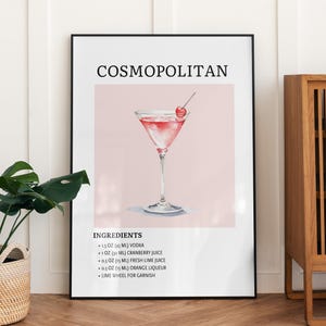 Póster de cóctel Cosmopolitan con diseño de martini, decoración para carrito de bar, descarga digital, imprimible, para el hogar, bar o decoración de pared.