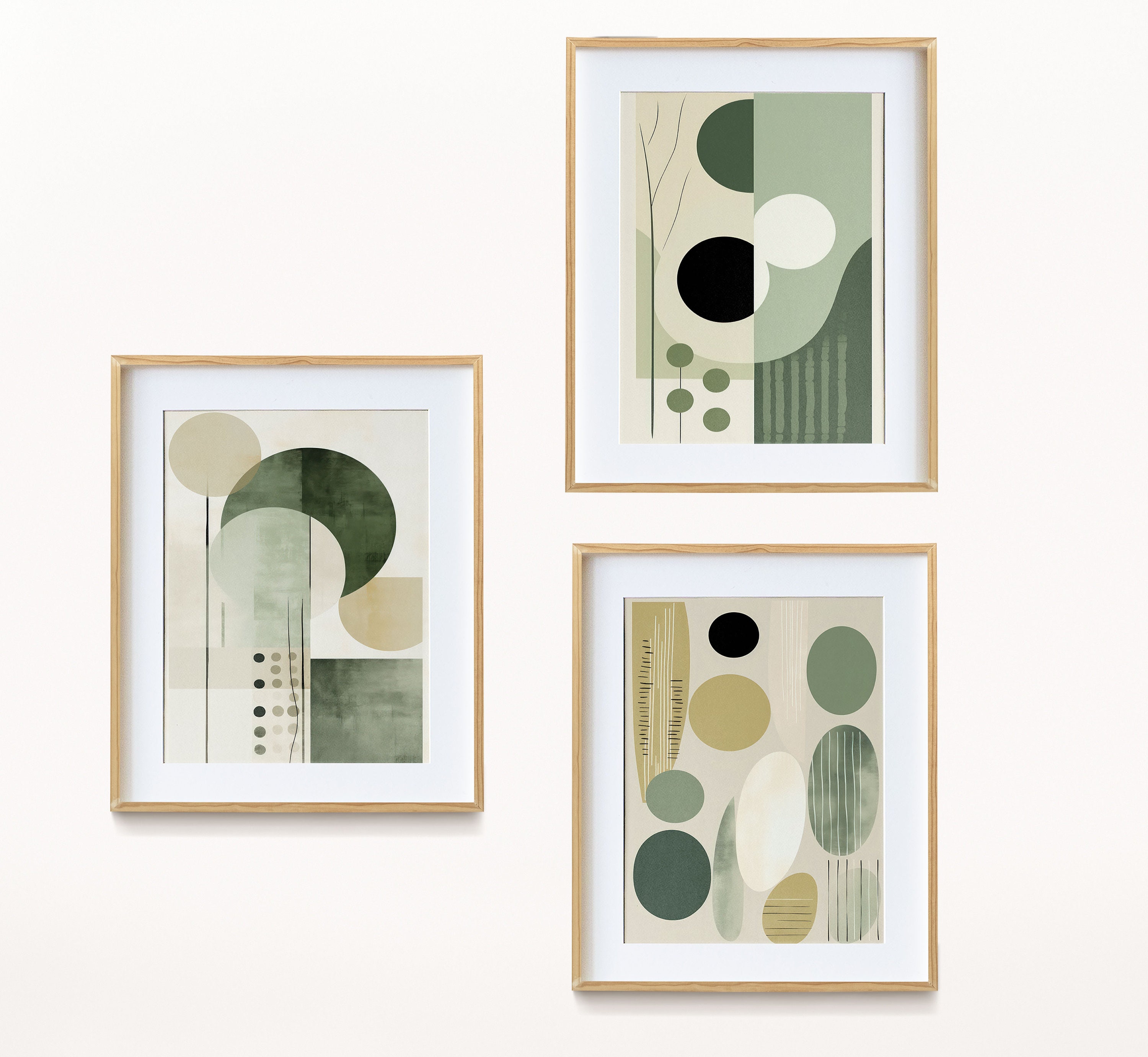 Sage Green Boho Wall Art Set of 3 Abstract Mid Century Modern Geometric ...