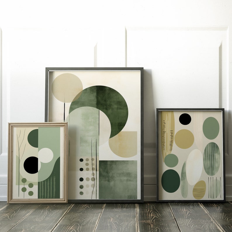 Sage Green Boho Wall Art Set of 3 Abstract Mid Century Modern Geometric ...