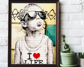 Download digitale stampabile di Banksy "I Love Life" Banksy Stampa digitale Banksy Kid "I Heart Life" Canotta Maglietta Banksy Wall Art Download istantaneo