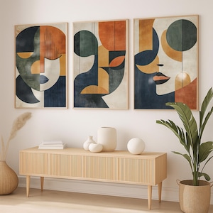 Boho Abstract Wall Art Mid Century Modern Geometric Prints Set of 3 Digital Download Minimalist Printable Artwork for Living Room or Office