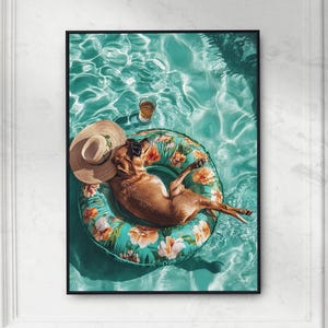 Impresión artística de perro junto a la piscina, decoración para patio al aire libre, decoración para fiesta en la piscina, impresión artística para baño, regalo para amantes de los perros para niñas, descarga digital, regalo para mamá perro