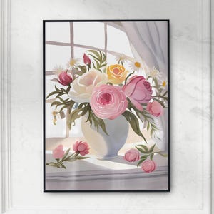 Impresión artística de pared con un romántico jarrón floral que presenta rosas blancas y amarillas con margaritas, ideal para la decoración del hogar y las paredes de galerías de estilo cottagecore.