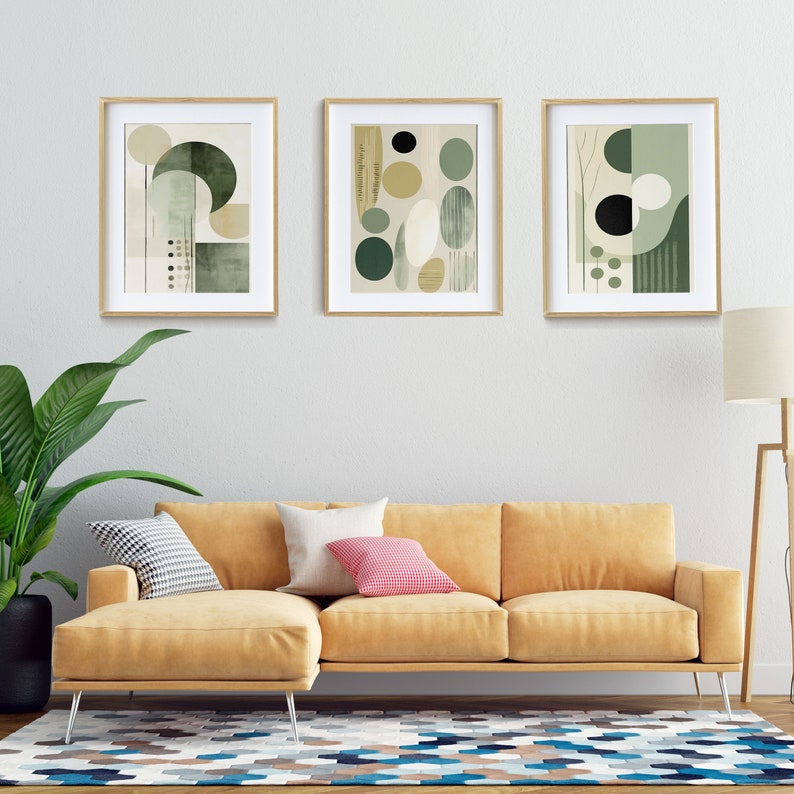 Sage Green Boho Wall Art Set of 3 Abstract Mid Century Modern Geometric ...
