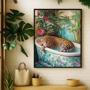 Leopard jungle bathroom decor bathtub wall art safari animal wall art decor powder room wall art tropical bathroom art Digital Download