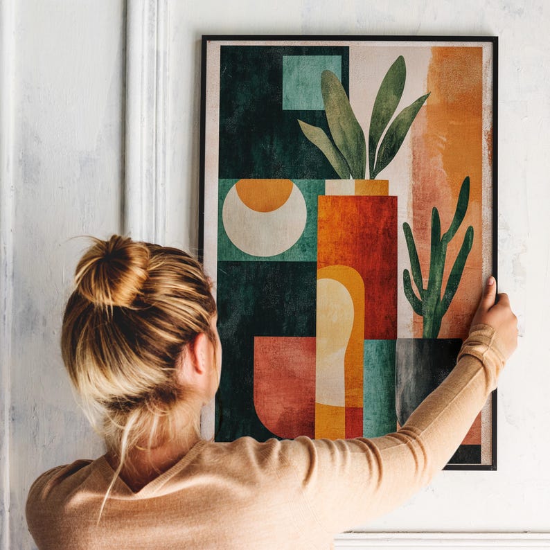 Curated visual reference: Textured Geometric Artwork For Small Modern Home Reference: Mid Century Modern Abstract Plant Art Wall Decor Featuring Geometric