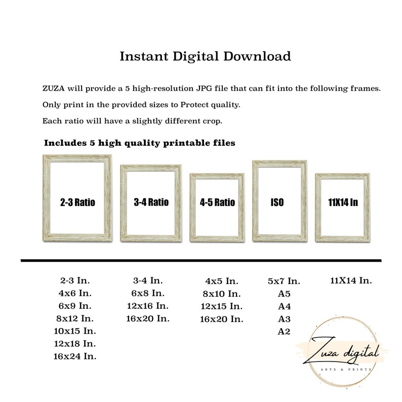 Pu&ograve; includere: Una grafica di download digitale che mostra cinque diverse dimensioni di cornici con le loro dimensioni corrispondenti in pollici. La grafica include il testo "Download digitale istantaneo" e "Include 5 file stampabili di alta qualit&agrave;".