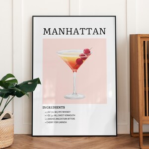 Arte de pared de cócteles, arte de pared de Manhattan Martini, descarga digital, póster de cócteles imprimible para la decoración del bar del hogar o del carrito de bar, regalo para un amigo