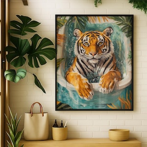 Baignoire tigre, art mural jungle, art animalier, salle de bain, salle de bain tropicale, art mural, décoration moderne, téléchargement numérique, affiche pour toilettes