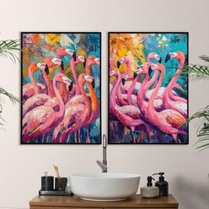 Póster de flamencos tropicales con estampado de pájaros exóticos inspirado en la jungla, reflejo de flamencos rosados para un maximalista vibrante (paquete de 2)