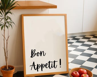 Bon Appetit キッチンウォールアート 印刷可能なタイポグラフィプリント デジタルダウンロード ダイニングルームアート、キッチンデコレーション、またはお母さんへの新築祝いに