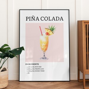 Póster de cóctel de piña colada con arte de pared para carrito de bar, descarga digital, imprimible, para decoración de bar o carrito de bar, regalo para un amigo