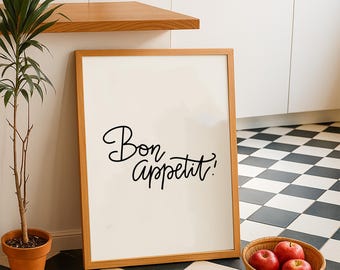 Bon Appetit キッチンウォールアート 印刷可能なタイポグラフィプリント デジタルダウンロード ダイニングルームのインテリア、またはお母さんや料理人へのかわいいキッチンギフトに