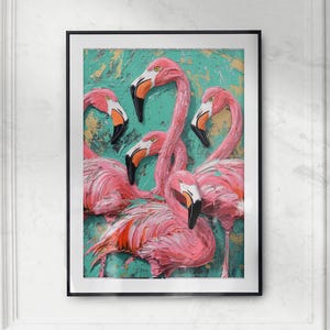 Arte de pared tropical de flamencos, impresión de aves exóticas, póster de reflexión de flamenco rosa inspirado en la jungla para una sala de estar y un baño maximalistas vibrantes