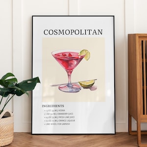 Arte de pared de cóctel, decoración de carrito de bar, arte de pared Cosmopolitan Martini, descarga digital, póster de cóctel imprimible para bar en casa o póster de decoración de bar