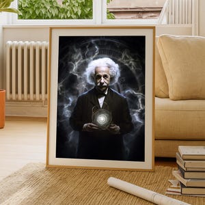 Printable Iconic Albert Einstein Holding Atom | Einstein Art | Science Art Digital Download | Inspirational Decor | Modern Printable Poster