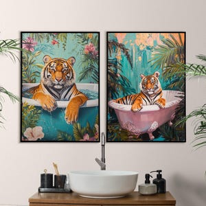 Ensemble d&#39;art mural de salle de bain tigre, décoration de salle de bain tropicale, décoration de salle de bain jungle, art mural animal, art baignoire tigre, art mural moderne, téléchargement numérique