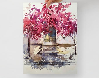 Old Door Watercolor Print Italy Spring Painting Poster Flowering Tree Print Southern Italy Artwork