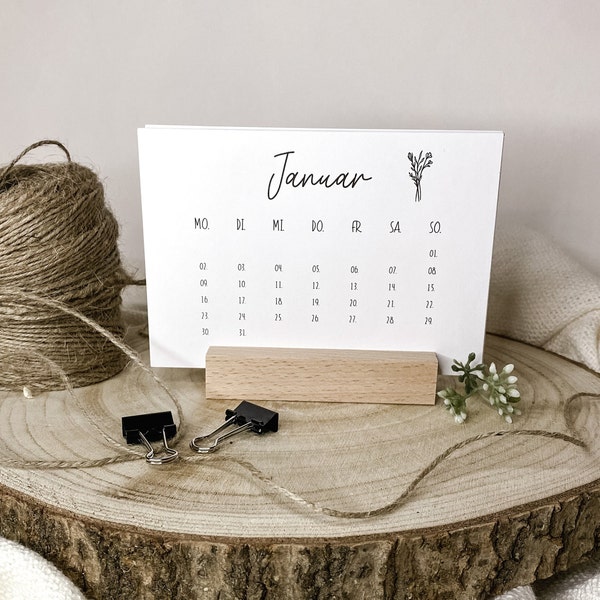 Tischkalender 2024, Schreibtischkalender mit Kartenhalter aus Holz, Postkartenformat A6 dezent floral