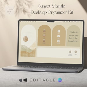 Op de afbeelding: Een laptopscherm dat een bureaublad-organisatiekit met een zonsondergang-marmerthema weergeeft. De kit bevat pictogrammen voor datums, financiën, taken en oude projecten. De achtergrond toont een aquarel-achtige zonsondergang met een citaat dat luidt: "Vandaag is het nooit te laat om helemaal nieuw te zijn."