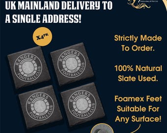 Football coasters, slate coaster, favour, engraved, laser engraved, RFC inspired coasters, Rangers gift for him, gift for her, etc footy