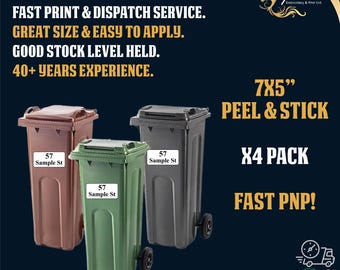 4x Wheelie Bin Numbers Personalised Bin Labels Custom House No. & Street Stickers, FAST FREE PNP!