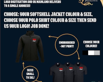 Embroidered workwear bundle; Softshell Jacket & polo shirts, professional, fast service