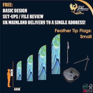 May include: A range of small feather tip flags with a blue and green feather design. The image includes the flags, base, and support hardware. The flags are 186cm tall and 63cm wide. Made in Britain.