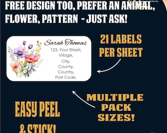 Wild Flowers Personalised Address Labels, 21 Custom Self Adhesive Stickers - A4 Sticker Sheet (21 labels per sheet) Watercolour Present