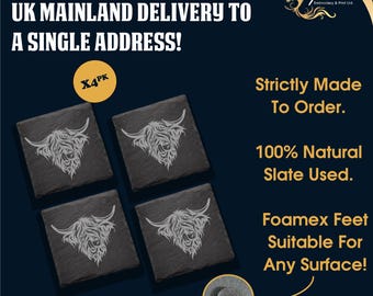 Highland Cow, Cattle coasters, slate coaster, favor, engraved, hairy cow, coasters, Scotland, travel, slate, gift for him, gift for her.