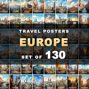 130 European Travel Posters Pack, Digital Print, Retro Wall Art, Printable Wall Decor, Vintage Europe Cities, Digital Download, Art
