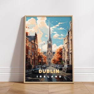 May include: A vintage-style illustration of a street scene in Dublin, Ireland. The image features a tall church with a spire, buildings with brick facades, and cars driving down the street. The text "DUBLIN IRELAND" is displayed at the bottom of the image.