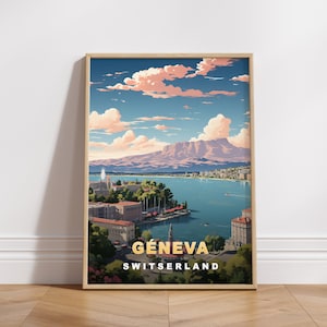 Géneva Reise Poster, Schweiz Digitaldruck, Retro Wandkunst, druckbare Wand-Dekor, Vintage Europa Städte, digitaler Download, Art