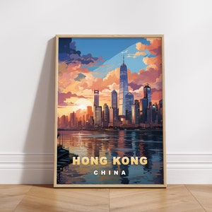 Hong Kong Travel Poster, China Digital Print, Retro Wall Art, Printable Wall Decor, Vintage Asia Cities, Digital Download, Art Decoration