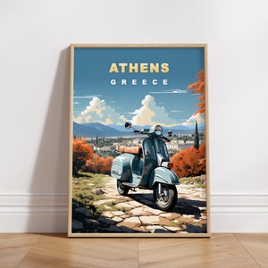 Athens Travel Poster: Retro Greece Scooter Print (Digital Download)