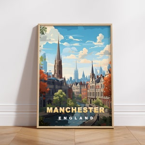 Cartel de viaje de Manchester, impresión digital de Inglaterra, arte de pared retro, decoración de pared imprimible, ciudades de Europa vintage, descarga digital, arte