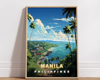 May include: A framed poster with a vintage travel illustration of Manila, Philippines. The poster features a scenic view of a coastline with palm trees, a blue sky with white clouds, and the text "MANILA PHILIPPINES".