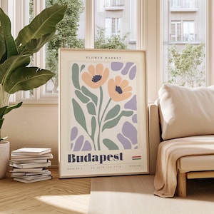 Mercado de flores de Budapest, Hungría, arte floral, arte mural moderno, ilustración botánica imprimible, descarga digital