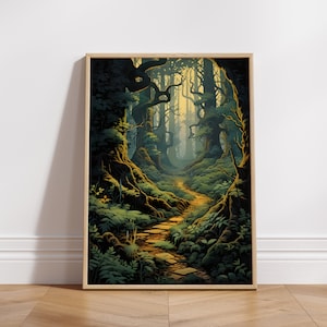 Puede incluir: Una pintura de un camino que atraviesa un bosque oscuro y verde. El camino está hecho de piedra y conduce a una luz dorada brillante en la distancia.