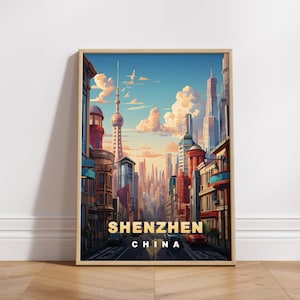 Shenzhen Travel Poster, China Digital Print, Retro Wall Art, Printable Wall Decor, Vintage Asia Cities, Digital Download, Art Decoration