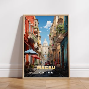 Cartel de viaje de Macao, Impresión digital de China, Arte de pared retro, Decoración de pared imprimible, Ciudades vintage de Asia, Descarga digital, Decoración de arte
