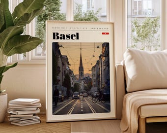 Reisposter Basel-Zwitserland: retro stadsmuurkunst (digitale download)