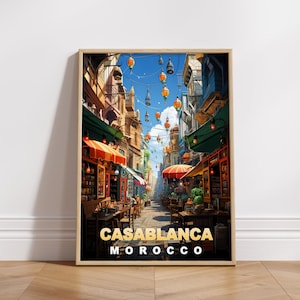 Cartel de viaje de Casablanca, Impresión digital de Marruecos, Arte de pared retro, Decoración de pared imprimible, Ciudades africanas vintage, Descarga digital, Arte