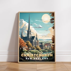 Christchurch Travel Poster, Neuseeland Digitaldruck, Retro Wandkunst, druckbare Wanddekoration, Vintage Ozeanien Städte, digitaler Download, Art