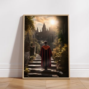 Puede incluir: Una persona con una túnica roja y negra camina por un sendero de piedra hacia un gran castillo gris con altas torres. El castillo está rodeado de árboles y el sol brilla intensamente en el cielo.