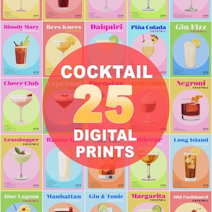 Paquete de 25 carteles de cócteles, arte de cócteles, impresión de decoración de bar, arte de pared moderno, ilustración elegante imprimible, descarga digital