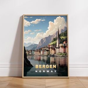 Cartel de viaje de Bergen, Impresión digital de Noruega, Arte de pared retro, Decoración de pared imprimible, Ciudades de Europa vintage, Descarga digital, Decoración de arte